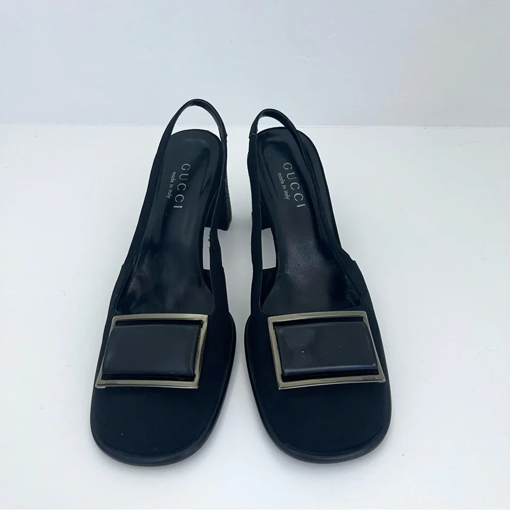 Vintage Gucci Square Buckle Round Toe Sparkly Block Mary Janes Slingbacks Heels - Picture 4 of 10